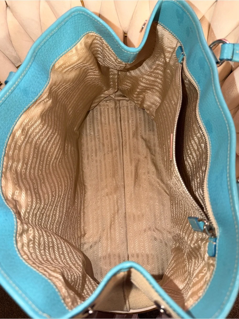 Rare Authentic Prada Canvas Tote Bag in Cream and Turquoise